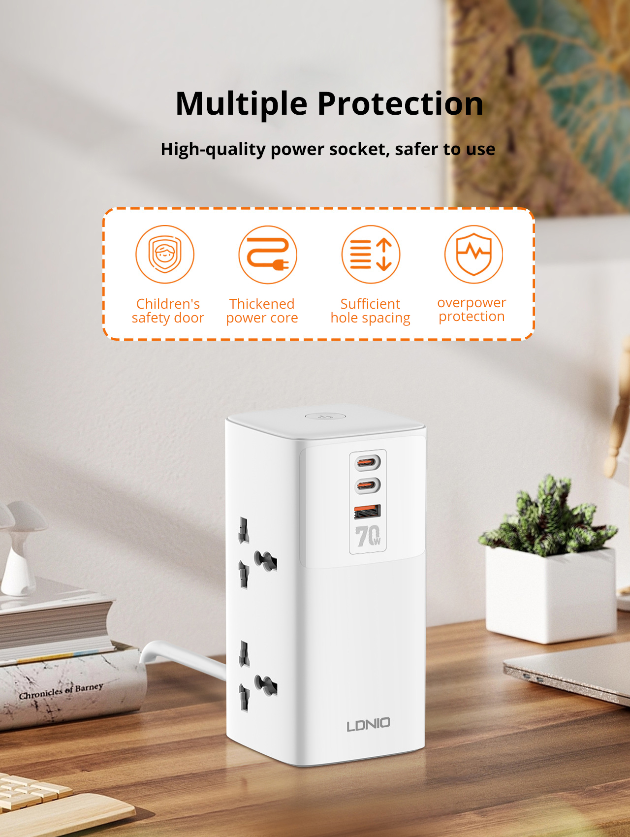 LDNIO SC4383 70W 7-Port USB PD Charger 4 Universal Socket+USB-A+2 USB-C PD QC3.0 PPS SCP Fast Charging Vertical Desktop Charging Station EU Plug US Plug for iPhone 15 14 13 for Huawei Pura70 Ultra for Samsung Galaxy S24 for Macbook Pro