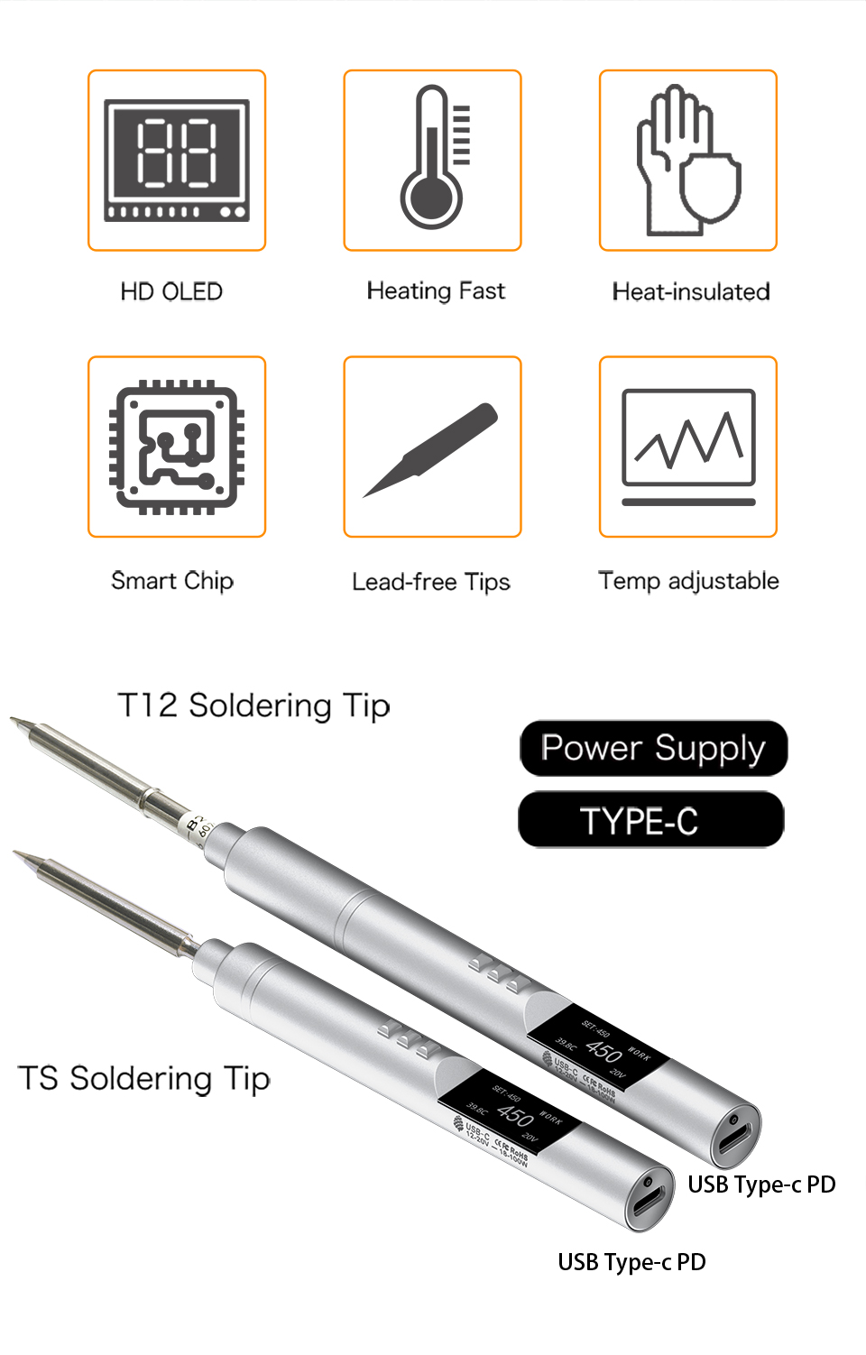 PTS200 V2 100W Electric Soldering Iron Portable Quick Warm-Up Tin Melting Open Source Supports PD3.0 Firmware Upgradeable Battery Not Included T12/TS100 Compatible