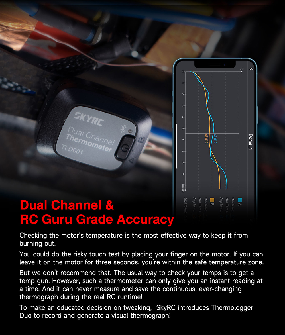 SkyRC TLD001 Duo Bluetooth Thermometer Dual Channel 96 Working Hours for Mesure Temperature Data of the ESC Motor Battery