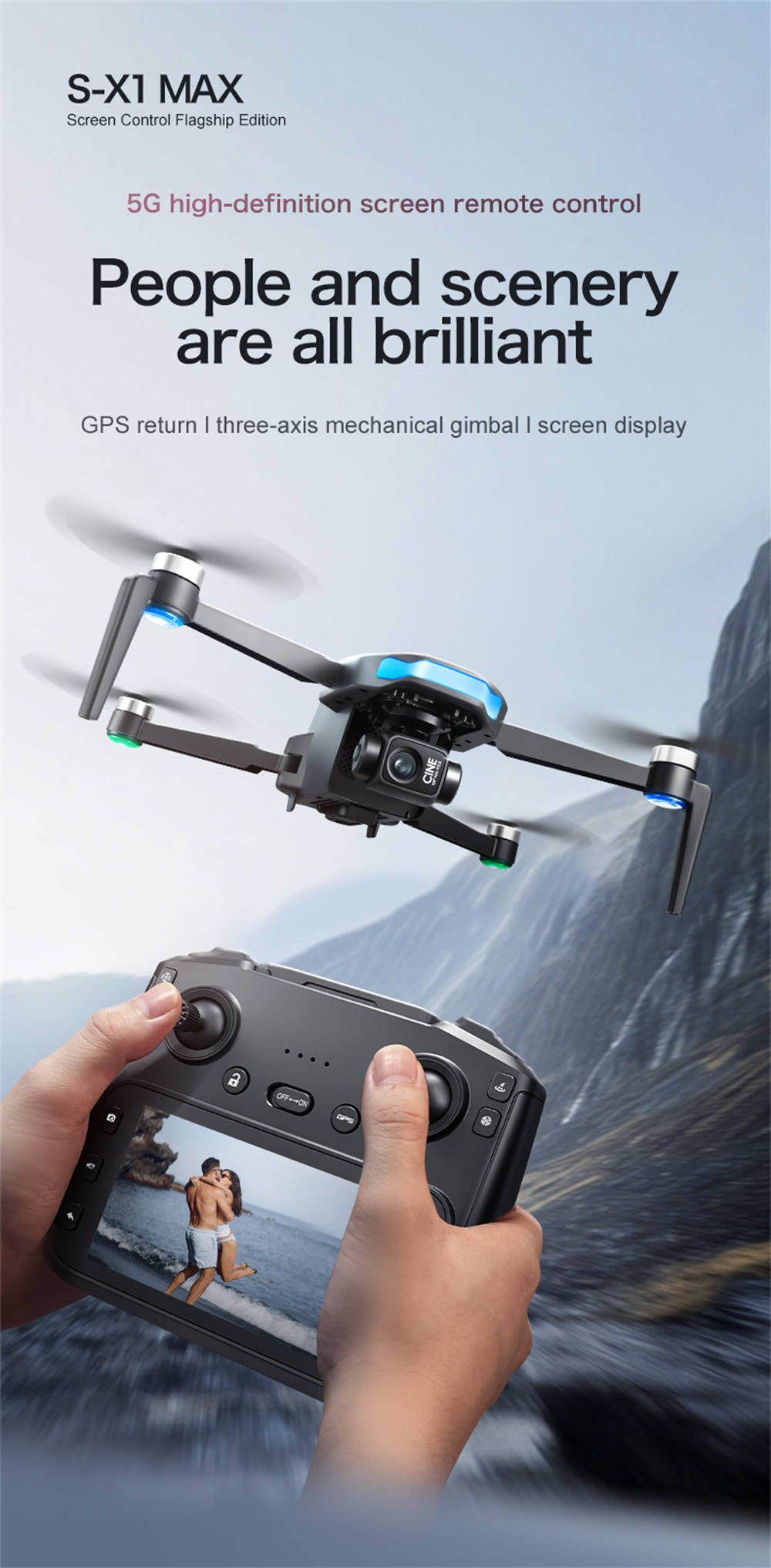 LSRC S-X1 GPS 5G Digital FPV with 5.9inch LCD Screen Controller 1080P HD Dual Camera 3-Axis EIS Gimbal Optical Flow Positioning Brushless Foldable RC Drone Quadcopter RTF