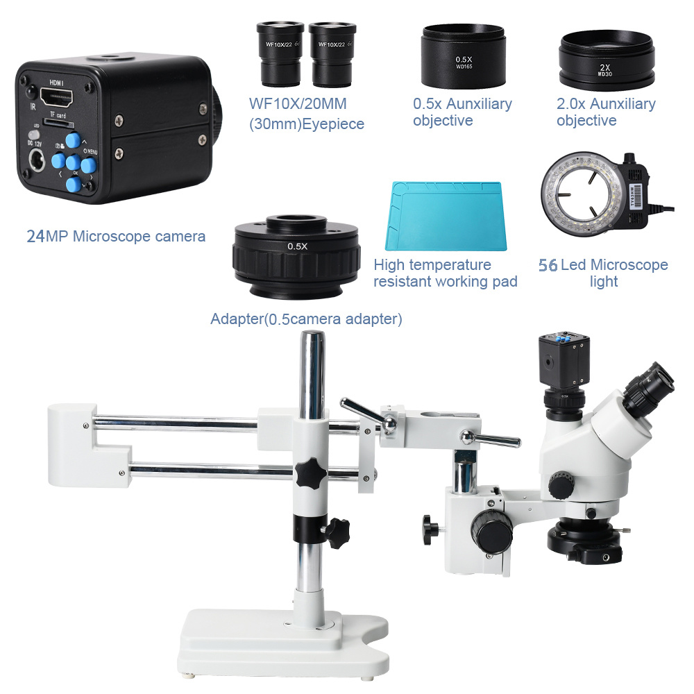 HAYEAR 3.5X 90X  Simul-Focal Double Boom Stand Trinocular Stereo Zoom Stereo Microscope 24MP 4K HDMI Camera 56 LED Light Microscopie
