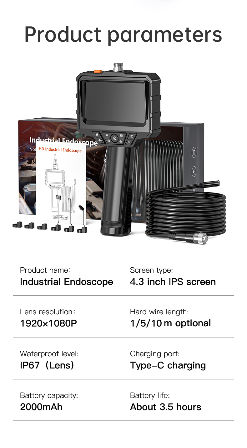Inskam G40-M 1/5/10 Meter Industrial Endoscope with 1080P HD 8mm Lens 4.3 Inch IPS Screen 2000mAh Long Battery Life Waterproof IP67 for Narrow Area Inspection