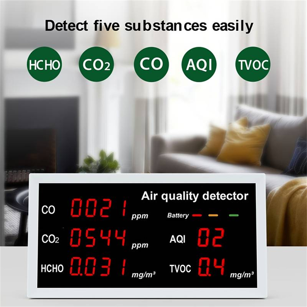 5 in1 Air Quality Monitor 5 In 1 Rechargeable Carbon Dioxide Meter With 1000mAh Battery Electric Digital CO2 Detector Portable TVOC HCHO CO AQI Air Pollution Analyzer For Home Office Car
