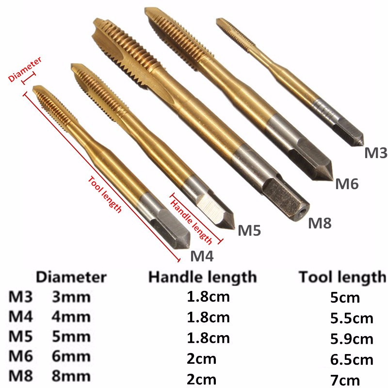 5pcs M3-M8 HSS Spiral Point Tap Straight Flute Metric Titanium Machine Screw Tap