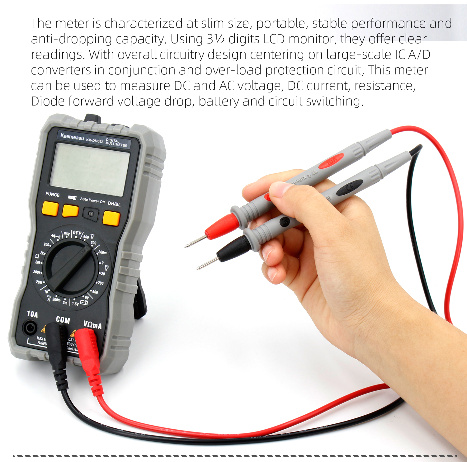 Kaemeasu KM-DM05A Multimeter Pro Compact Digital Multimeter with LCD Display Accurate DC/AC Voltage DC Current Resistance Measurement Portable Electrical Tool for Fieldwork with Overload Protection User-friendly for Home Use and Professionals