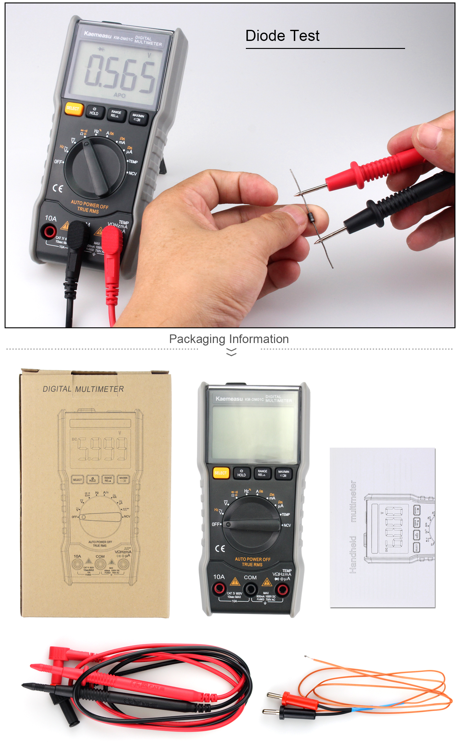 Kaemeasu KM-DM01C Portable Mini Digital Multimeter Auto-Ranging Electrician's Tool with DC/AC Voltage Current Resistance Capacitance Frequency Duty Cycle & Temperature Measurements Ultimate Tool for DIY Enthusiasts