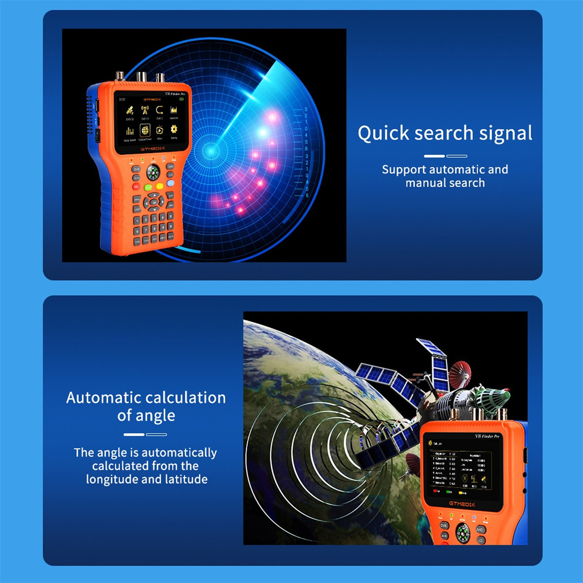GTMEDIA V8 Finder Pro TV Signal Finder Meter DVB-S/S2/S2X/T/T2/C Signal Receiver 4.3-inch LCD Dispaly H.265 Auto Calculate Angle 4000mAh Battery