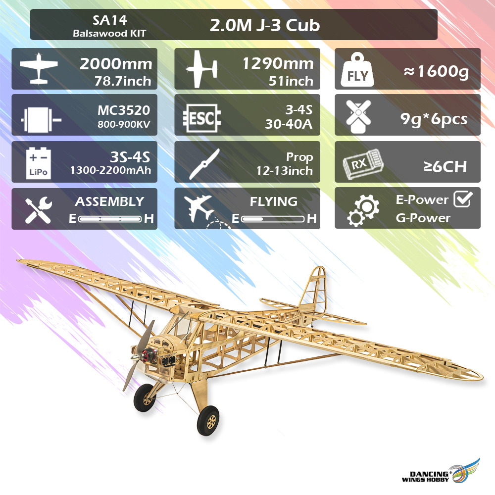 Dancing Wings Hobby SA14 J3 Cub 2000mm Wingspan Balsa Wood RC Airplane KIT /KIT+Power System Combo