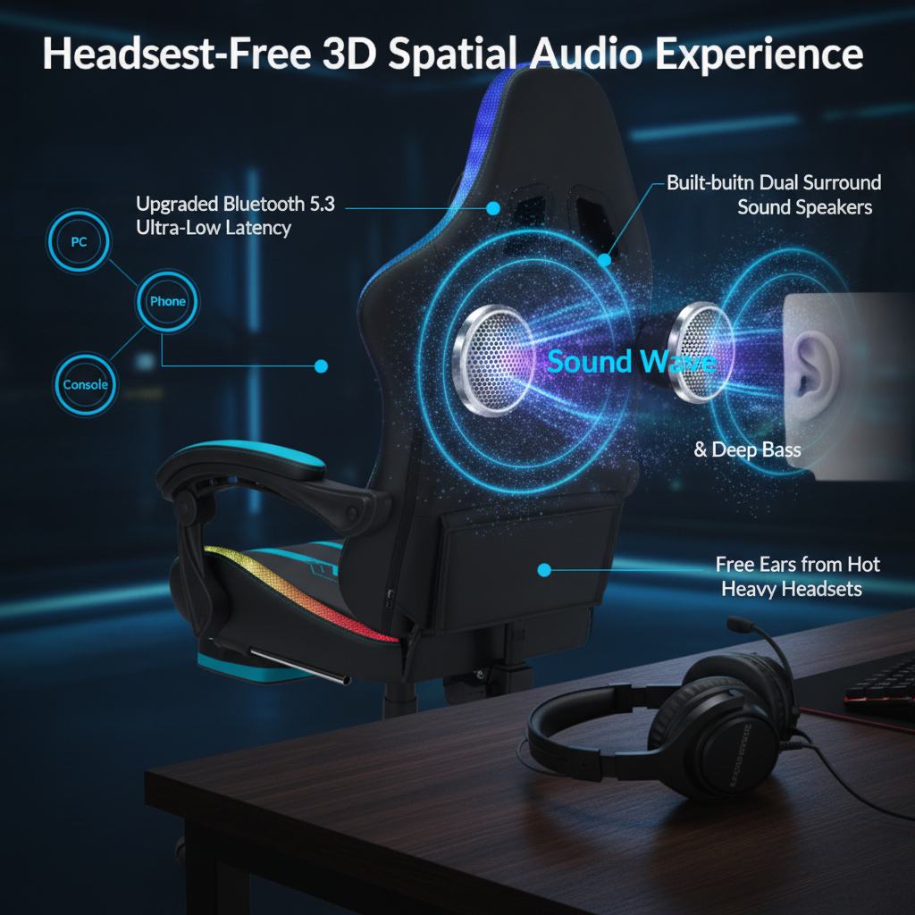 Hoffree RGB LED Gaming Chair Bluetooth Speaker Ergonomic Massage Lumbar High Back Recliner with Footrest 400lbs Heavy Duty Big Tall PU Leather Swivel Computer Desk Seat for Adults Hoffree