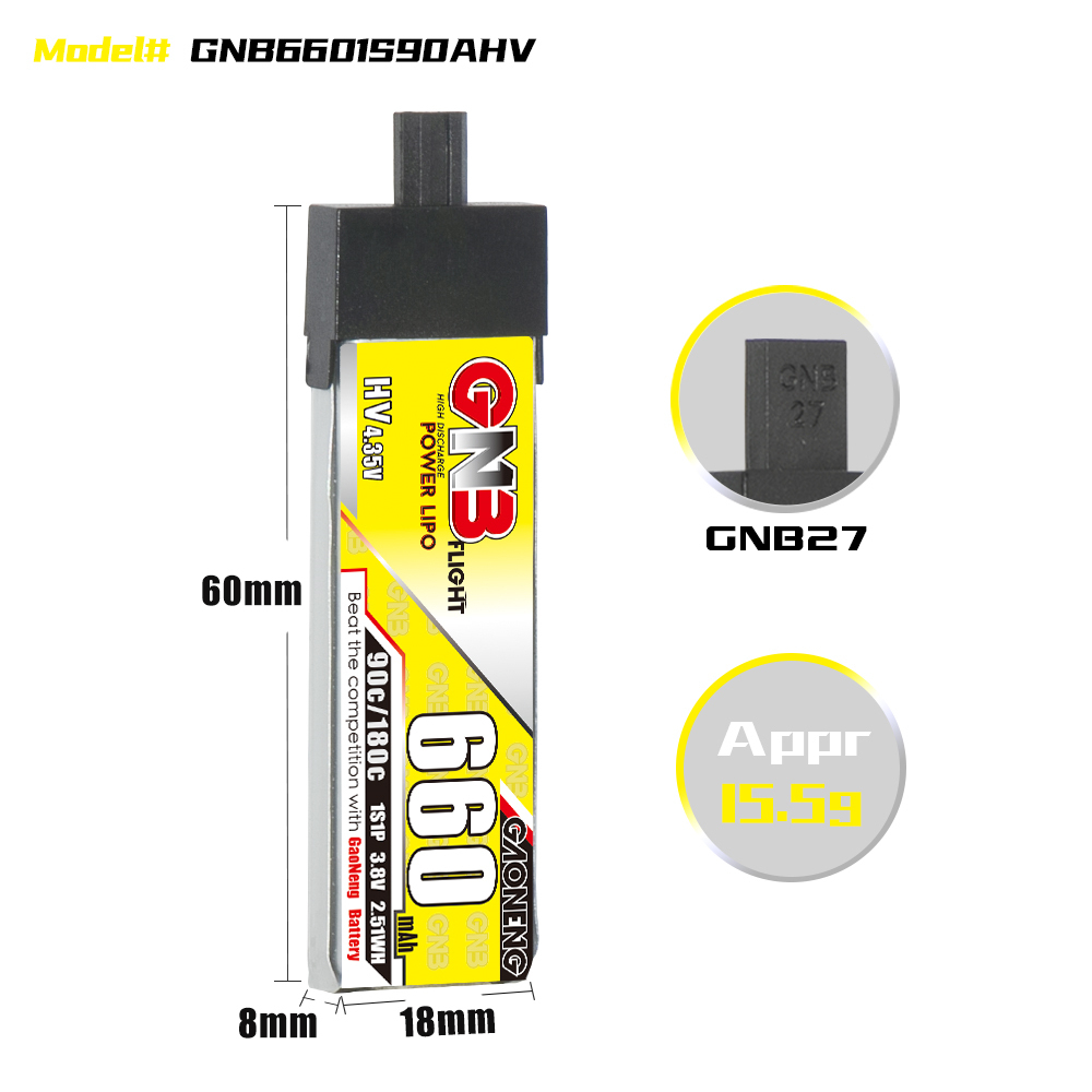 Gaoneng 3.8V 660mAh 90C 1S LiHV Battery A30 Plug With Adapter Cable for Emax Tinyhawk S BetaFPV Beta75X