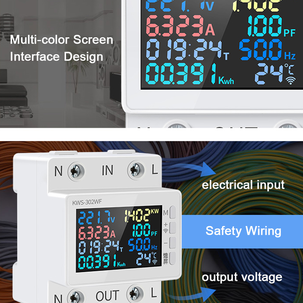 8in1 Power Meter Color Screen 2P Multi-function AC Energy Meter 170-270V/63A Voltage and Current Meter Standard Rail Mounting