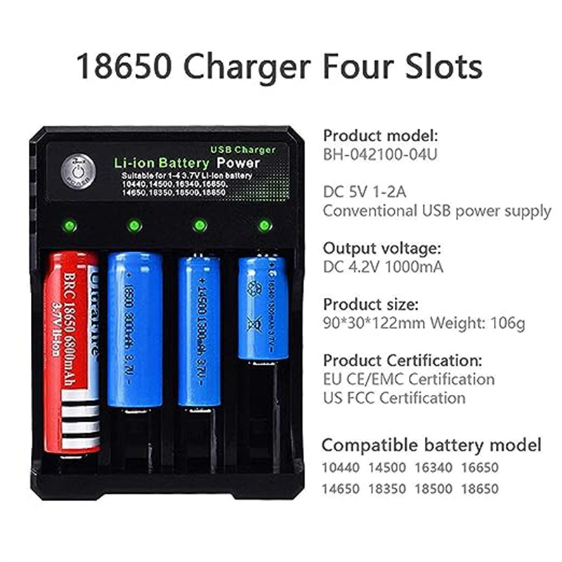 USB Intelligent Universal Rechargeable Battery Charger 18650 Flashlight Charger 4 Slots Fast Charge for 3.7V Li-ion TR IMR 10440 14500 16650 14650 18350 18500 16340(RCR123) Batteries