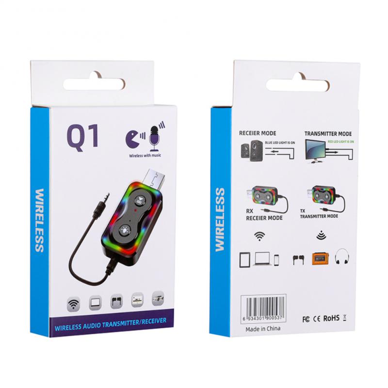 Q1 bluetooth 5.3 Audio Receiver Transmitter HiFi Sound Drivers-free 2-in-1 Car USB Adapter with Colorful Atmosphere Light for Mouse Keyboard