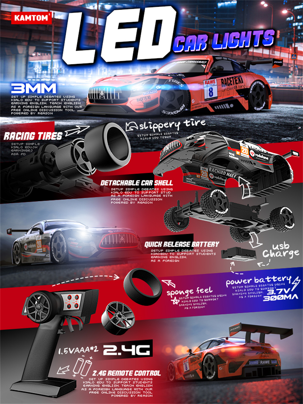 KAMTOM KM2401 RTR 1/24 2.4G 2WD Drift RC Car ESP Gyro Optional Camera Mini Race LED Light High Speed Racing On-Road Electric Remote Radio Control Vehicles Model RTR Child Toys Boys Kids Gifts