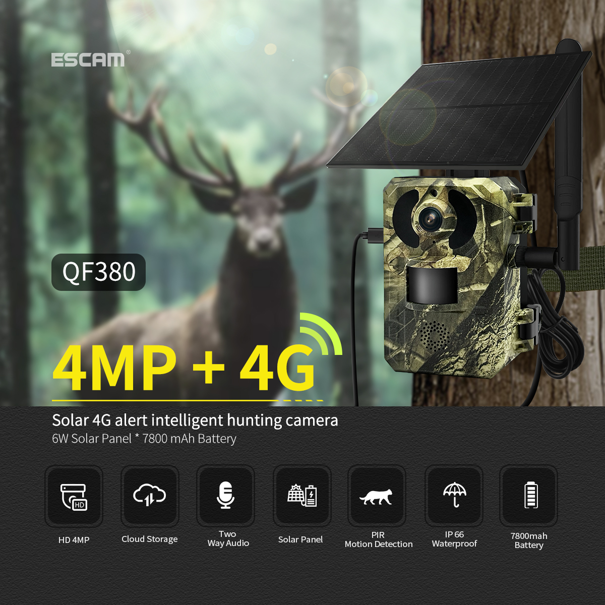 ESCAM QF380 4G 4MP Hunting Camera with Solar Panel PIR Motion Detection Night Vision Two-way Audio IP66 Wireless Wild Animal Monitoring Cameras US Version