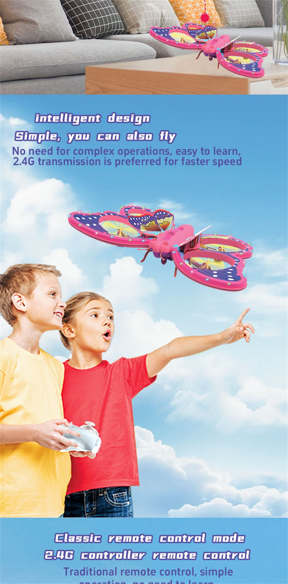 E0-25 Flying Glitter Butterflying Intelligent Gravity Sensor Obstacle Altitude Hold Mode 360° Filp Colorful LED Lighting 2.4G 4CH RC Toys Kids Gift Drone Quadcopter RTF