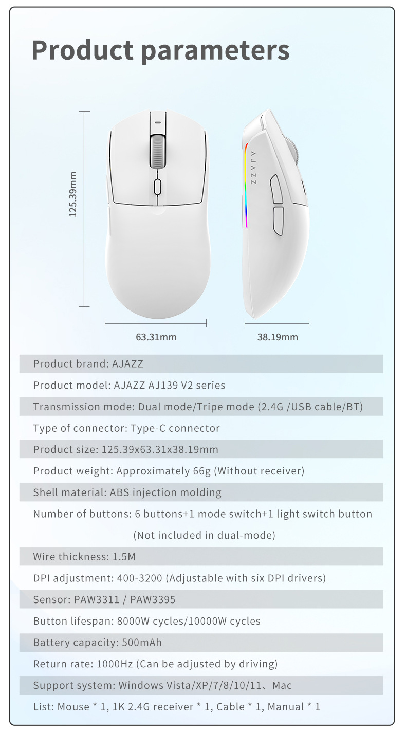 AJAZZ AJ139 V2 MC Tri-mode Wireless Gaming Mouse with RGB Charger