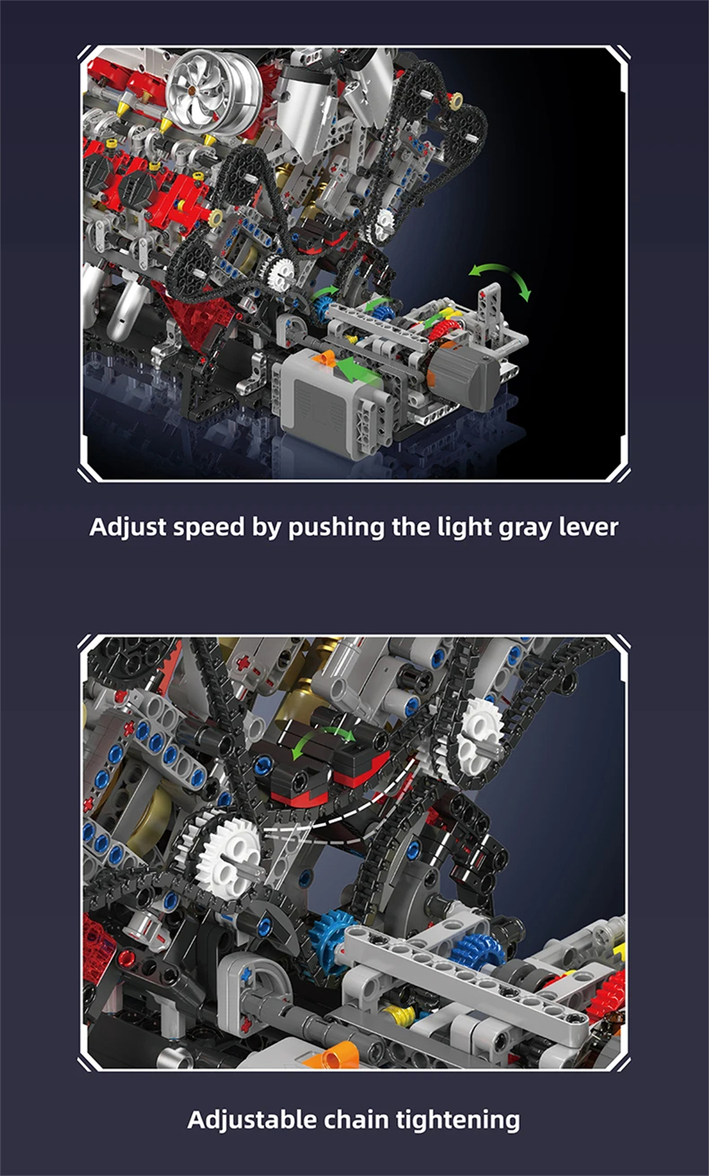 Das Mould King 10130-Modell aus einem anderen Blickwinkel, wobei die motorisierten Funktionen hervorgehoben werden.