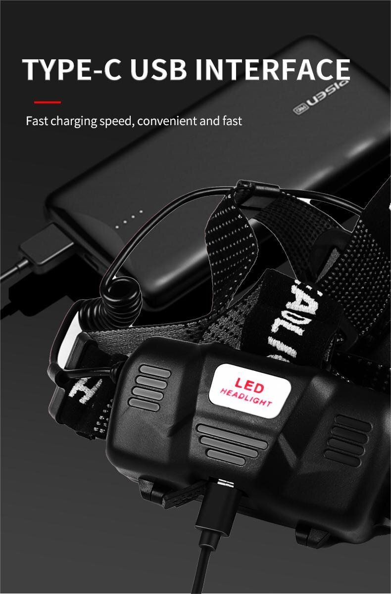XHP70 Strong LED Headlamp Type-C USB Charging Outdoor Fishing Zoom Headlight Bike Running Search Head Lamp