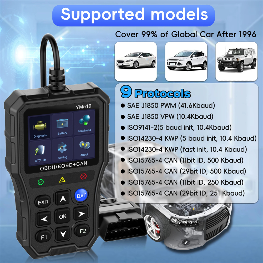 YM519 OBD2 Scanner Diagnostic Tool 2.8Inch HD Color Screen
