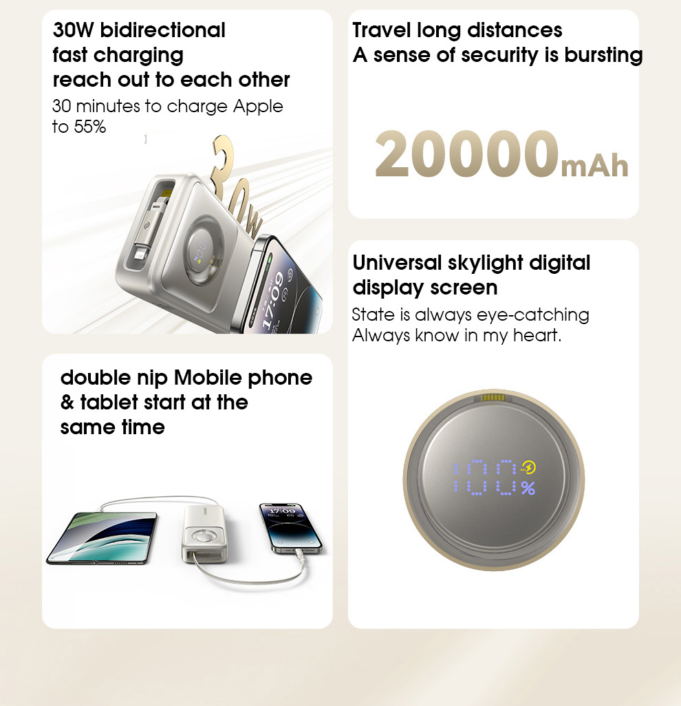 Baseus NOMOS 30W 74Wh 20000mAh Digital Display Power Bank Built-in iP Retractable Cable External Battery Power Supply Fast Charging for iPhone 15 14 13 for Huawei Pura70 Ultra for Samsung Galaxy S24 for Xiaomi Civi4 Pro