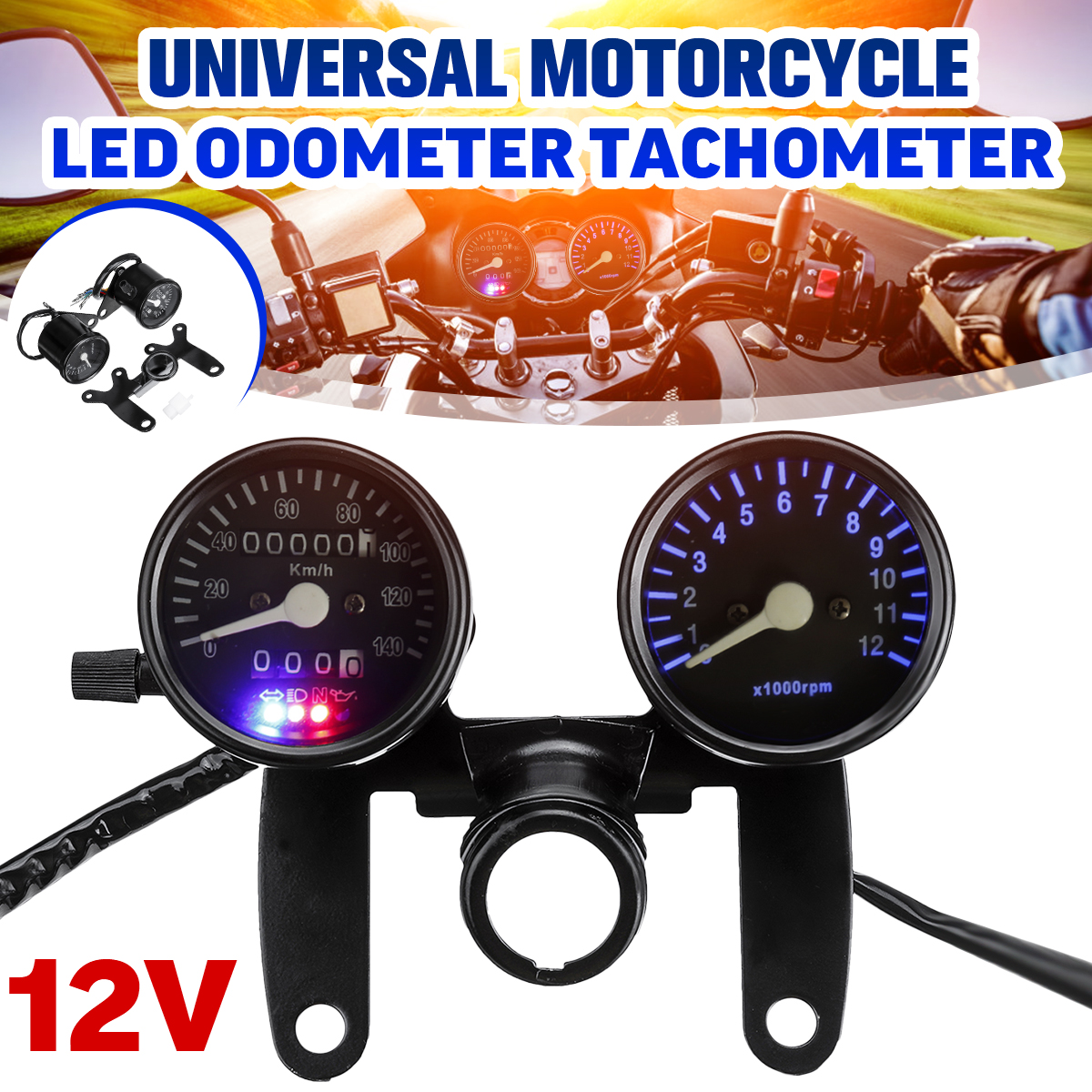 Vente Compteur de vitesse universel pour moto à rétro-éclairage LED 12V et  odomètre et tachymètre double en noir - Banggood Français Mobile