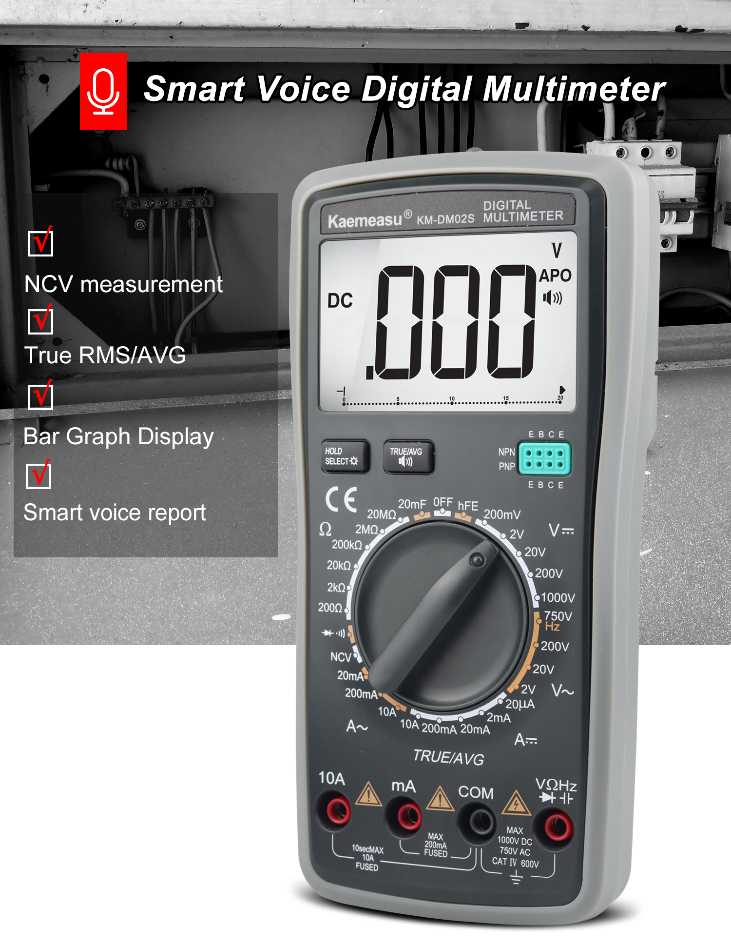 Kaemeasu KM-DM02S Digital Multimeter with Voice Broadcast True RMS Measurement Non-Contact Voltage Detection High Precision Auto-Ranging Multimeter for Electrical Troubleshooting