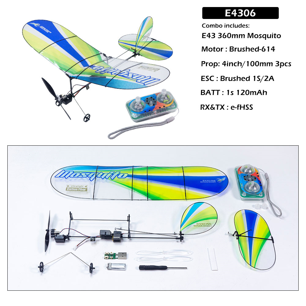 Dancing wings hobby e43 mosquito 360mm wingspan slow flyer indoor mini rc airplane pnp with dsmx/2 rx & tx combo 