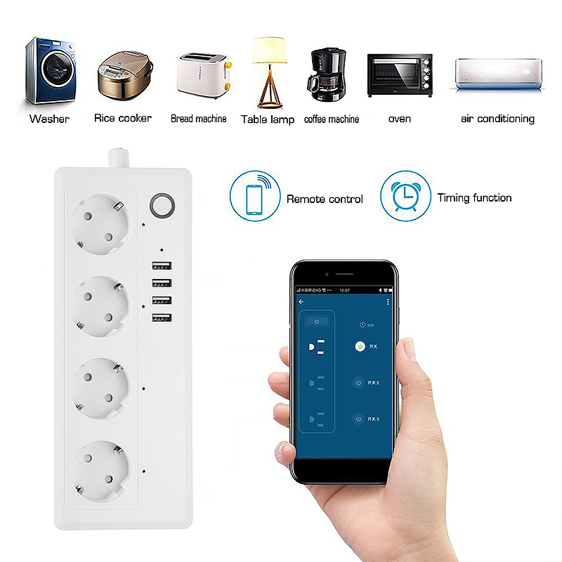 4 AC+4 USB Tuya Smart WiFi Switch Socket EU Plug Outlet App Timing Remote Control Support Alexa Google Home IFTTT Voice Control