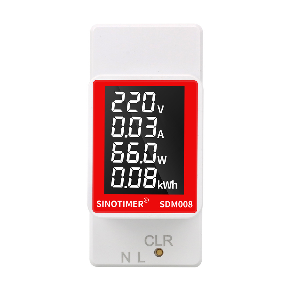 SINOTIMER SDM008 AC Din Rail Multifunctional Meter with LCD Display Measures AC Power Voltage (50-300V) Current (0-100A) Active Power (0-30kw) Energy Consumption (0-1999kwh) Ideal for Effective Energy Management and Consumption Monitoring