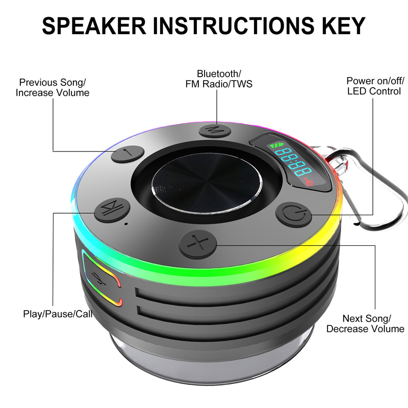 T7 IPX7 防水スピーカー RGB ポータブルBluetoothスピーカー 吸盤付き