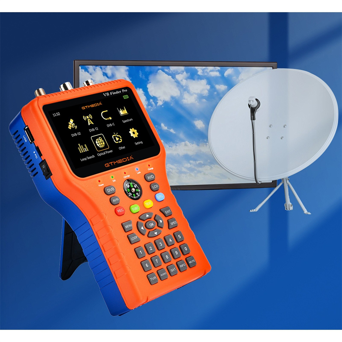 GTMEDIA V8 Finder Pro TV Signal Finder Meter DVB-S/S2/S2X/T/T2/C Signal Receiver 4.3-inch LCD Dispaly H.265 Auto Calculate Angle 4000mAh Battery