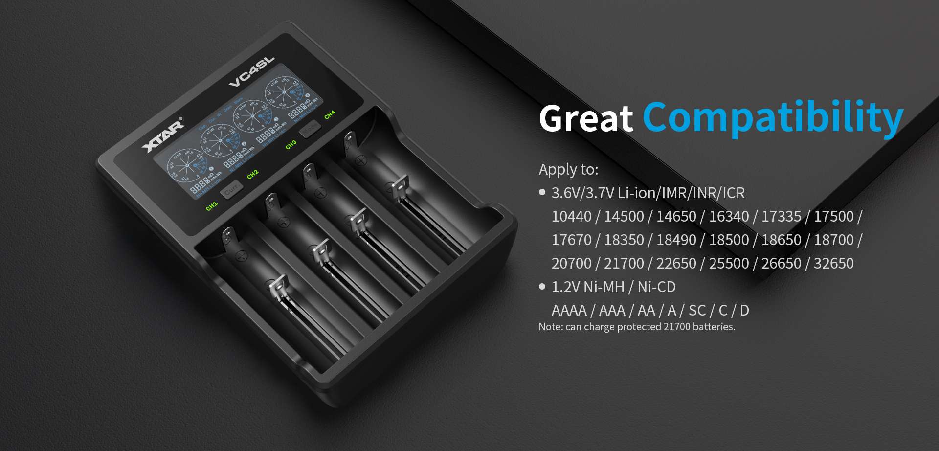 XTAR VC4SL Intellegent LCD Battery Charger USB C QC3.0 Fast Charge 1.2V Ni-MH AAA AA Batteries Rechargeable Li ion 18650 21700 Battery Charger