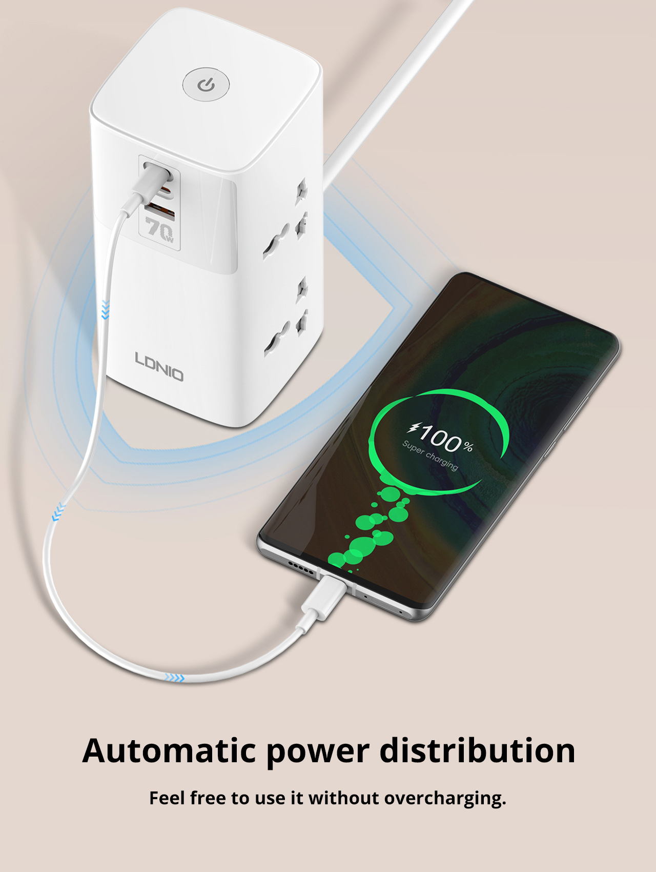 LDNIO SC4383 70W 7-Port USB PD Charger 4 Universal Socket+USB-A+2 USB-C PD QC3.0 PPS SCP Fast Charging Vertical Desktop Charging Station EU Plug US Plug for iPhone 15 14 13 for Huawei Pura70 Ultra for Samsung Galaxy S24 for Macbook Pro