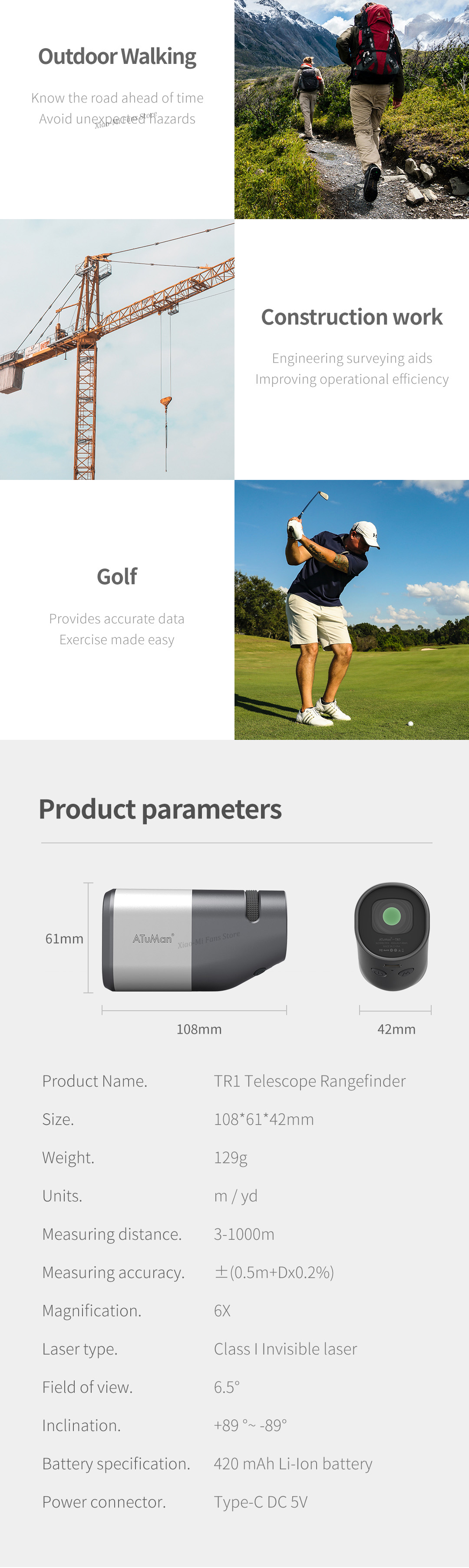 XIAOMI Duka TR1 LCD Screen Sightseeing Telescope Rangefinder 800M/1200M Laser Distance Meter for Golf Sport Hunting Survey Travel