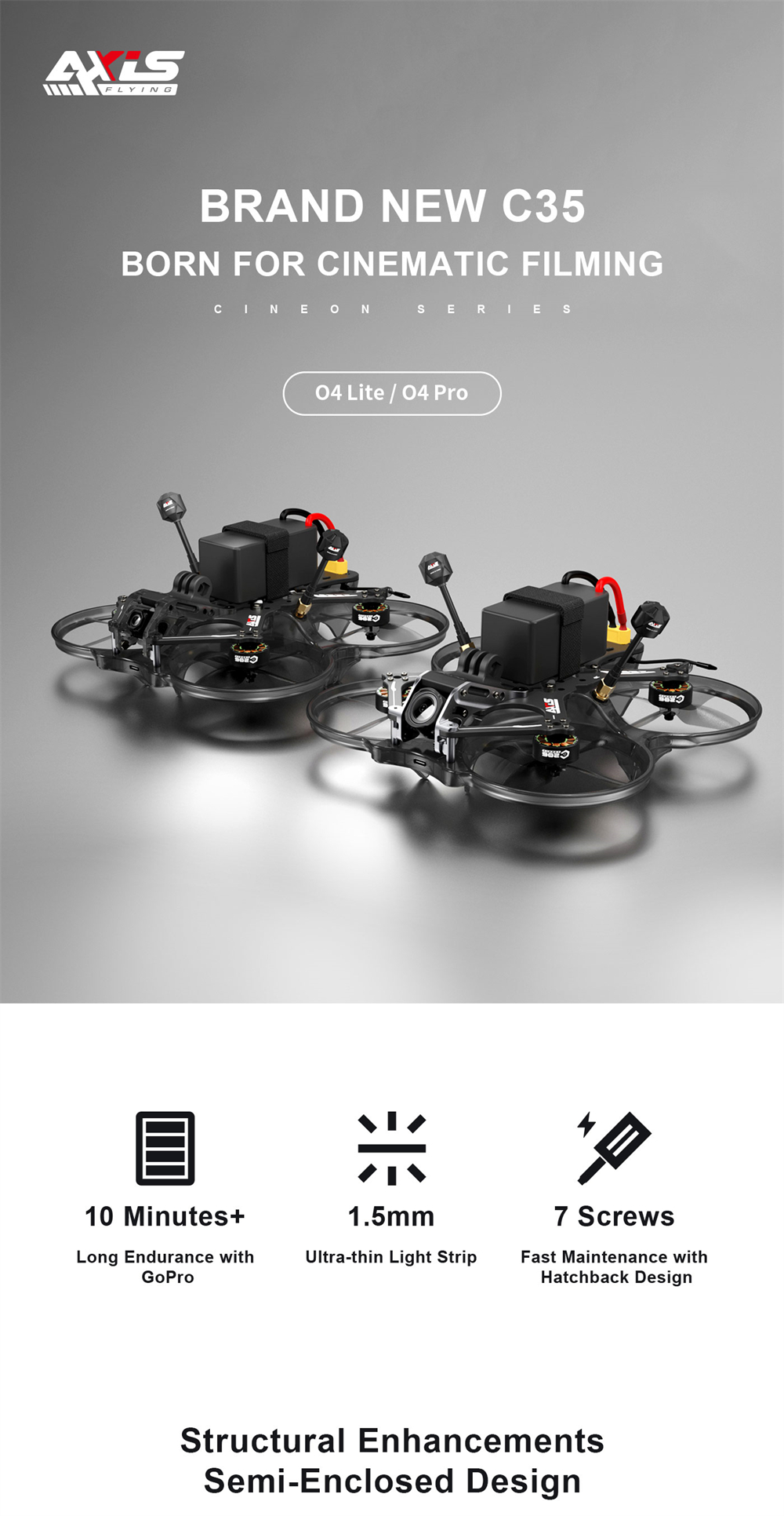 Axisflying Cineon C35V3 O4 160mm 3.5 Inch 6S GPS Cinewhoop / Cinematic RC FPV Racing Drone BNF with F745 AM32 HD Digital System