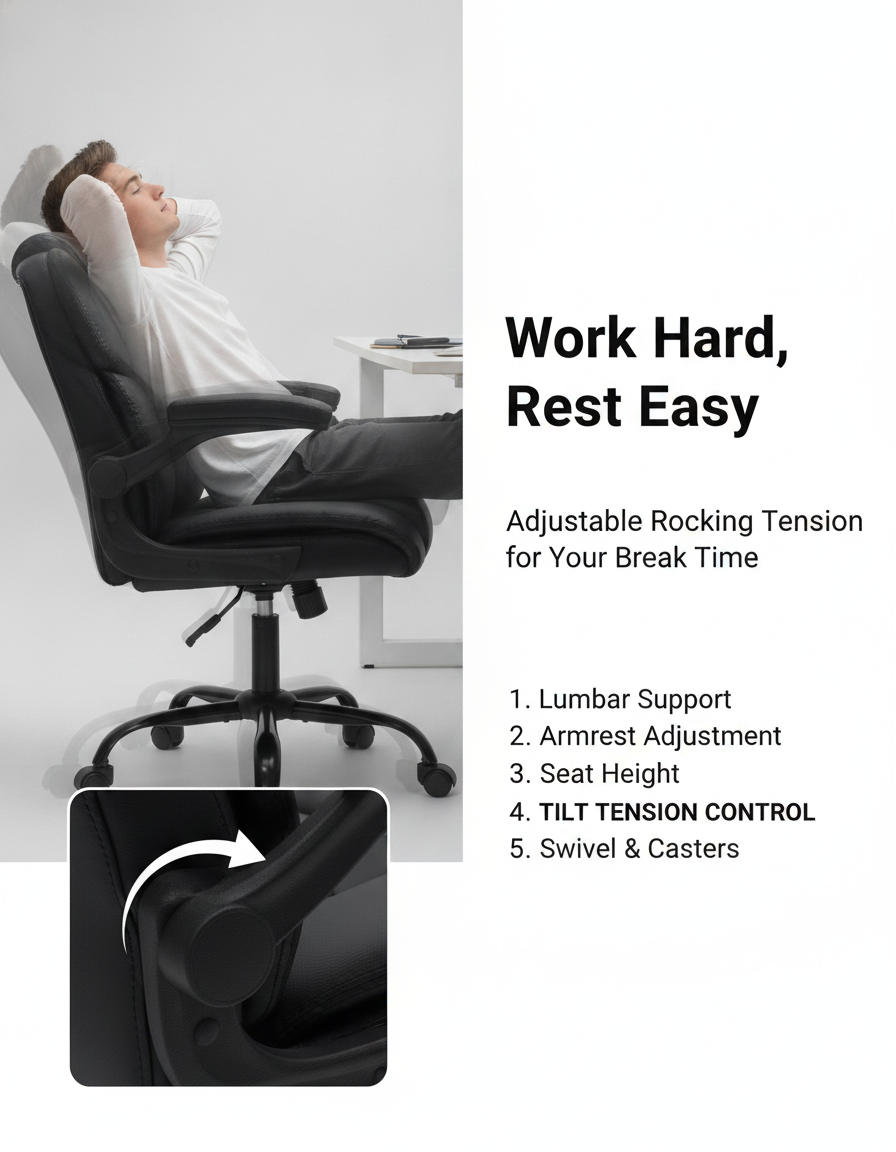 Executive Office Chair Computer Desk Chair Heavy Duty Big Tall Flip Up Armrest Pocket Spring PU Leather Metal Frame Swivel Ergonomic Home Hoffree