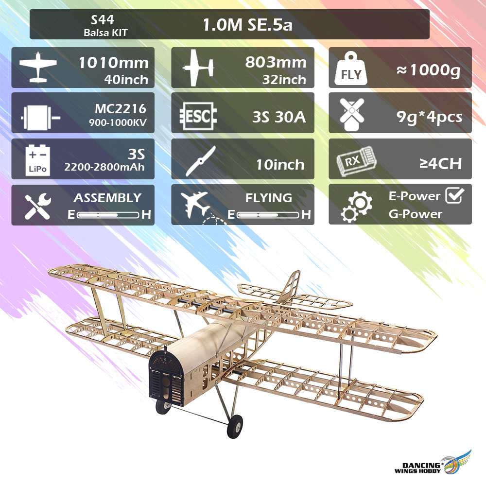 Dancing Wings Hobby S44 S.E.5A 1010mm Wingspan Balsa Wood Biplane Warbird RC Airplane KIT/ KIT+Power Combo