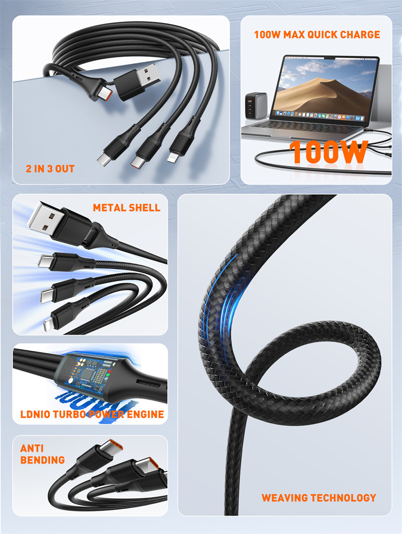 LDNIO LC97uc 100W USB-A/Type-C to Type-Cx2/iP Cable PD QC3.0 Fast Charging Data Transmission Copper Core Line 1.2M Long for iPhone 16 15 14 Pro Max for Huawei Mate XT for Samsung Galaxy Z Flip6