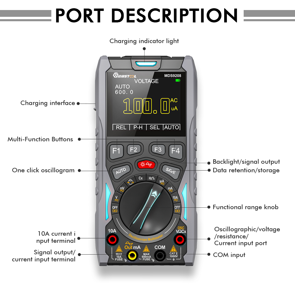 2023NEW MUSTOOL MDS9208 3In1 Oscilloscope Multimeter Signal Generator 12MHz 50Msps Portable High Storage Capacity Low Power Consumption