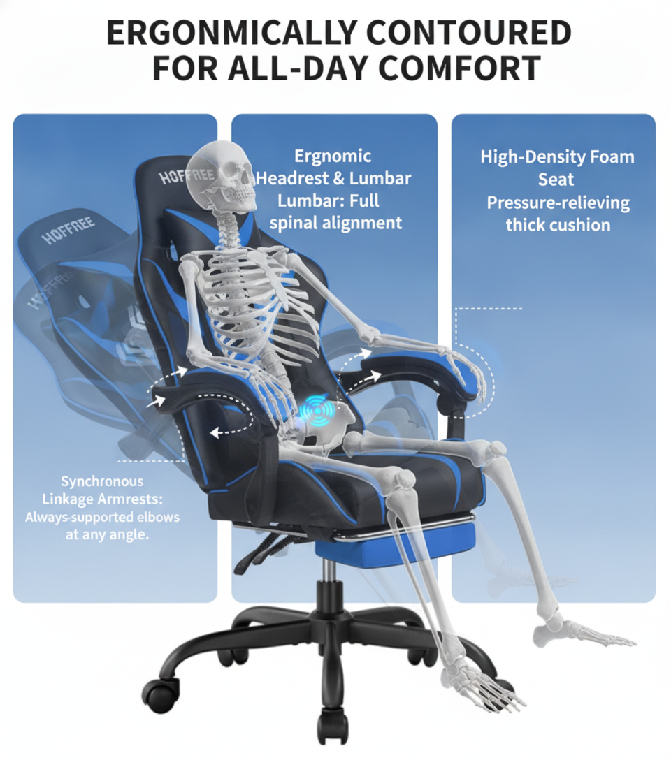 Cadeira de jogos ergonômica, cadeira de escritório giratória com descanso para os pés, suporte lombar, encosto alto, ajustável, couro PU, para PC, adolescentes e adultos, Hoffree