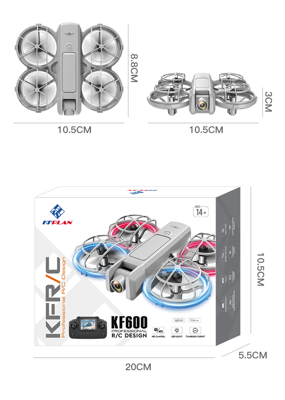 KFPLAN KF600 WiFi FPV with Screen Controller HD Camera Optical Flow Hover Circle Protection Kids Gifts Dazzling Lights 2.4G 4CH 6-Axis Remote Control RC Toys Drone Quadcopter RTF