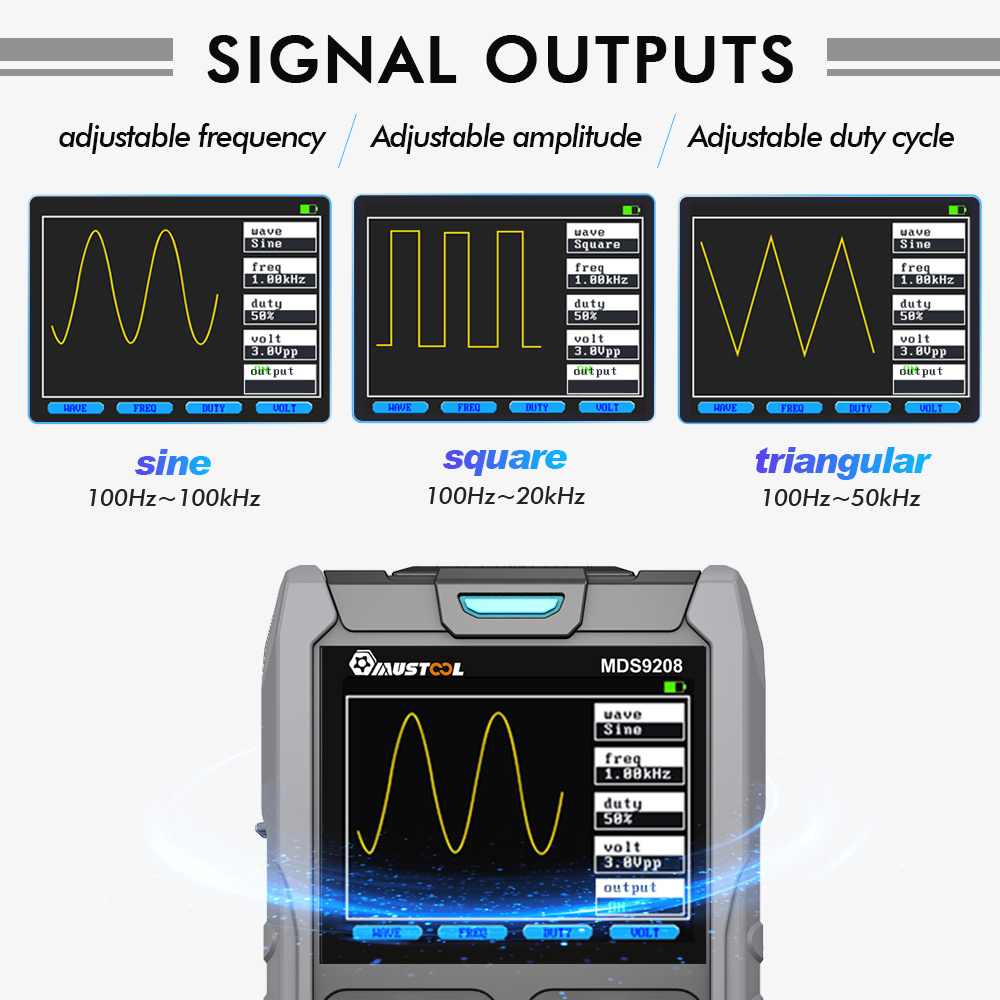 2023NEW MUSTOOL MDS9208 3In1 Oscilloscope Multimeter Signal Generator 12MHz 50Msps Portable High Storage Capacity Low Power Consumption