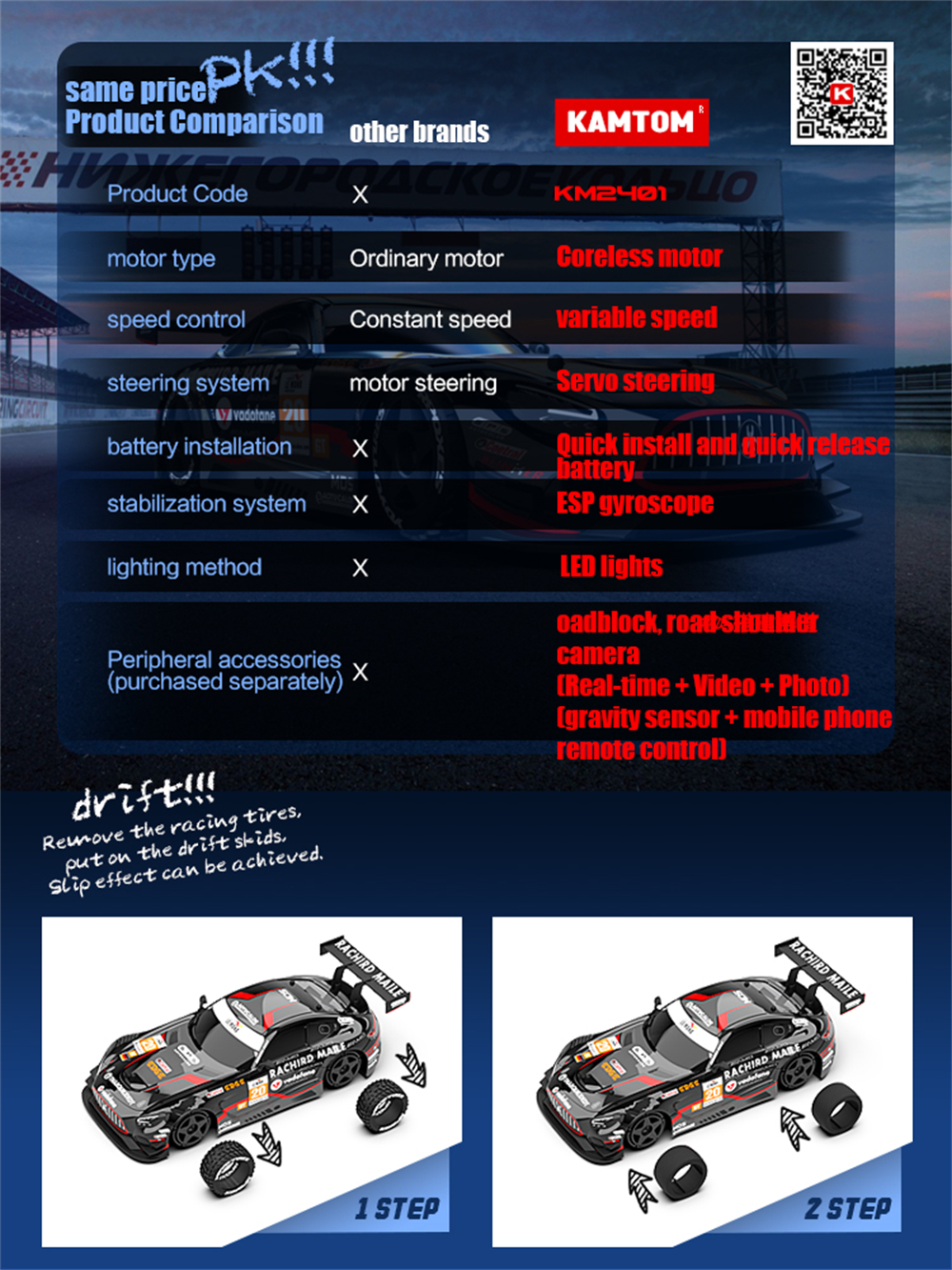 KAMTOM KM2401 RTR 1/24 2.4G 2WD Drift RC Car ESP Gyro Optional Camera Mini Race LED Light High Speed Racing On-Road Electric Remote Radio Control Vehicles Model RTR Child Toys Boys Kids Gifts