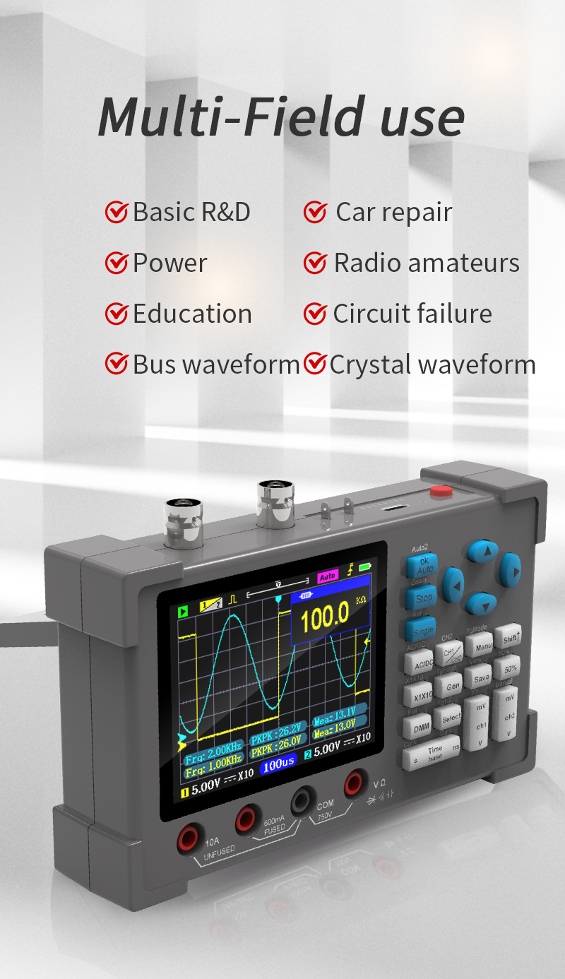 3 in1 Digital Oscilloscope Multimeter Signal Generator 120MHz IPS Display Dual Channel FFT Zoom Mode Portable Testing Tool