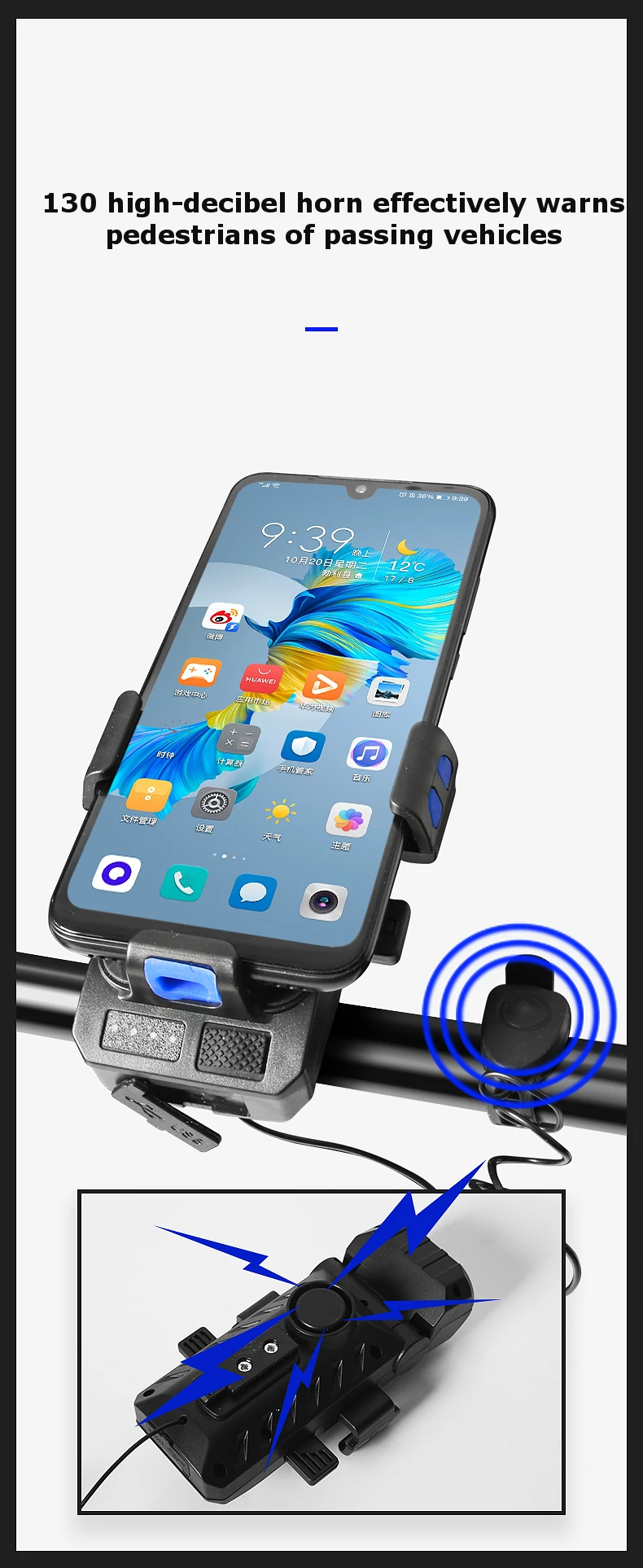 4 in 1 500Lm Brightness Bike Headlight 3000mAh Battery IPX6 Waterproof 3 Light Modes 120° Rotation Power Bank Phone Holder with 130db Horn for Night Cycling