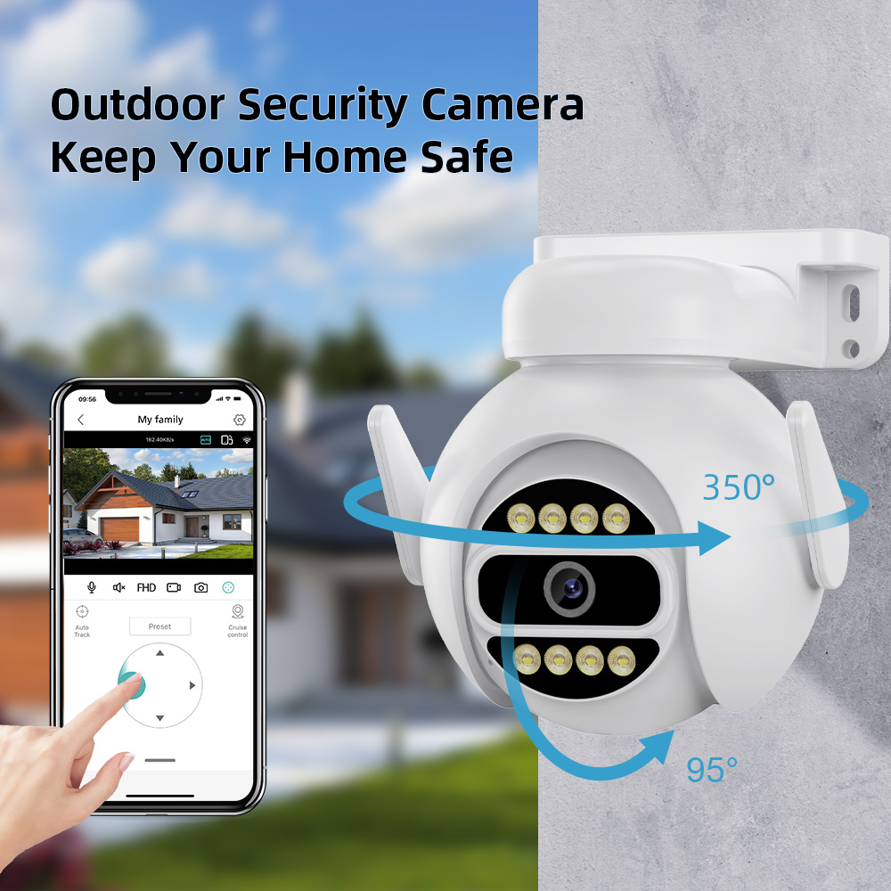 2MP Full HD Outdoor WiFi Network Camera Outdoors PTZ Color Night Vision Human Detection 2-way Audio IP66 Floodlight Cameras for Home Monitoring Security Precaution