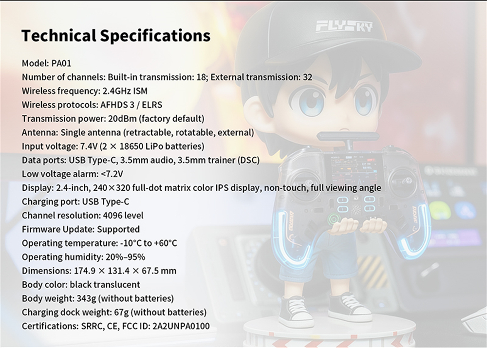 Flysky ProArt PA01 2.4GHz 18CH AFHDS 3/ELRS Built-in 500mW Hall Gimbal EdgeTX Raido Controller 2.4-Inch Full-view Color IPS Display for FPV Drone RC Car Boat Airplane