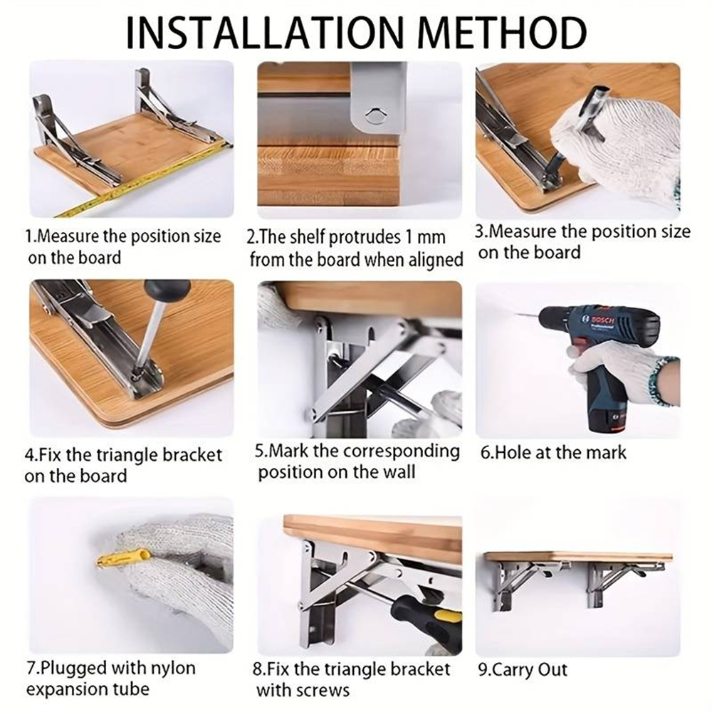 2PCS Folding Shelf Brackets 8/10/12inch Heavy Duty Floating Triangle Shelf Brackets Collapsible Shelves Wall Mounted Table Hinges For Bench Table With Screws