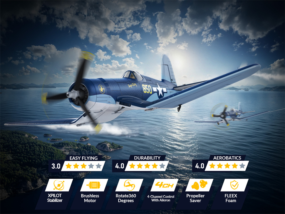 Eachine F4U CORSAIR VMF-217 2.4G 4CH Brushless 500mm Wingspan 6-axis Gyro One Key Take off Aerobatic EPP Warbird Glider RC Airplane BNF/RTF for Beginner